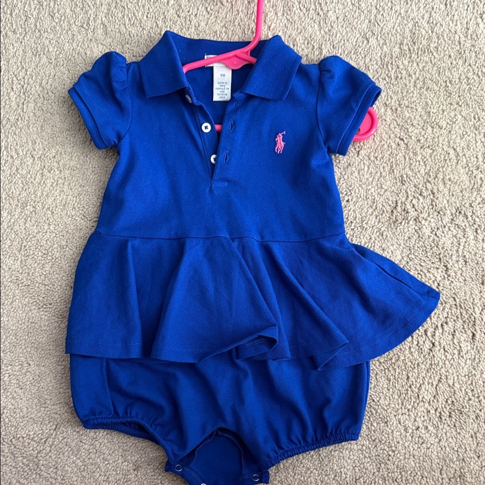 Polo Blue Polo Romper with Pink Logo